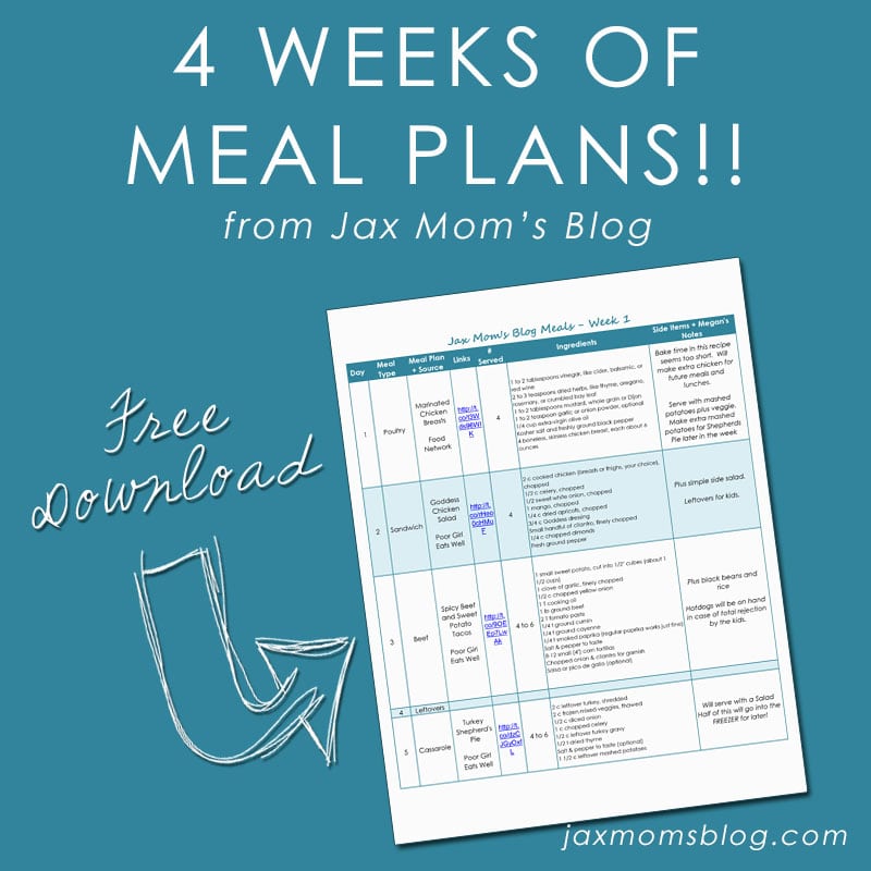 4 weeks of meal plans from Jax Mom's Blog