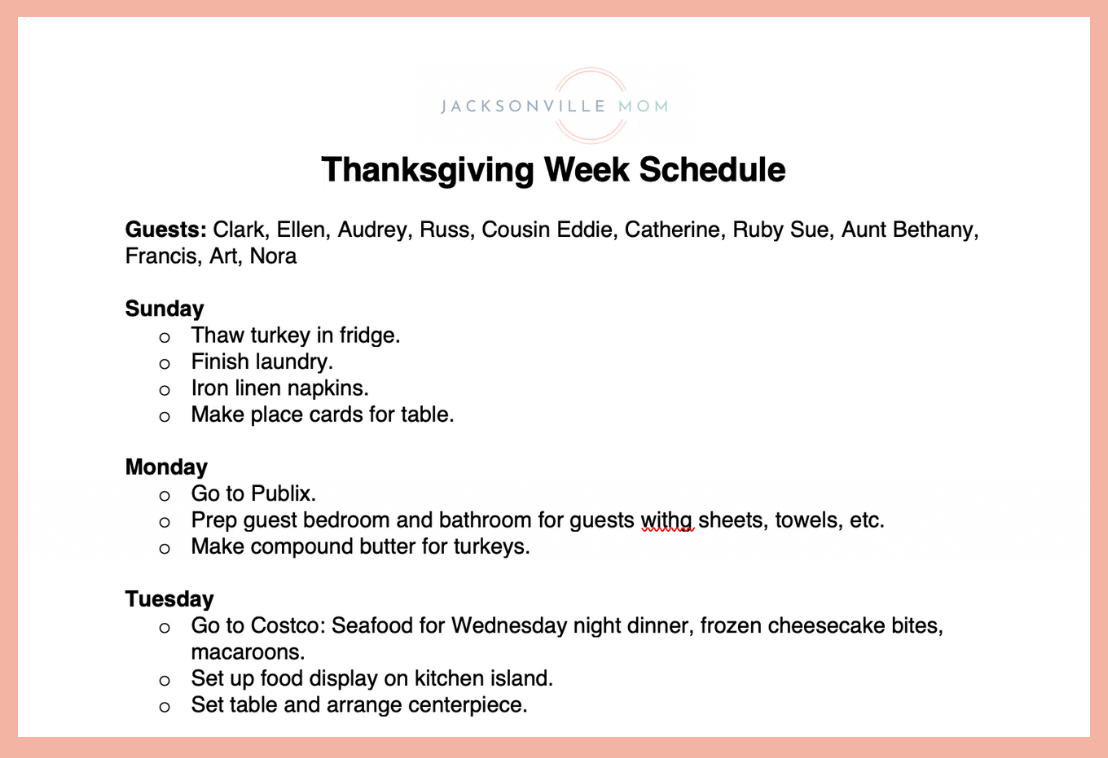 thanksgiving schedule